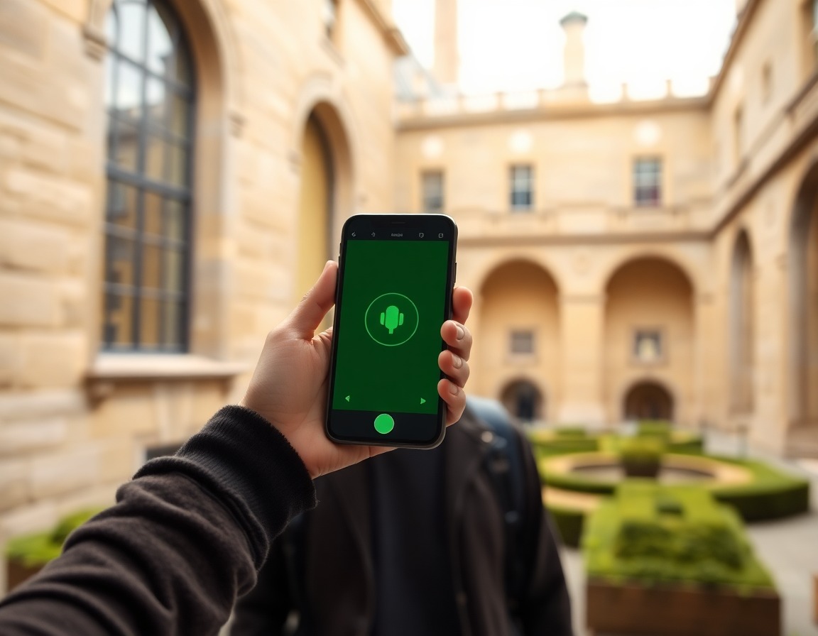 Generation prompt: Premium editorial product image for a heritage-site voice guide app, visitor holding a smartphone in a museum courtyard, subtle green voice interface glow, location-aware guidance mood, warm stone architecture, natural daylight, no readable text, no logos.