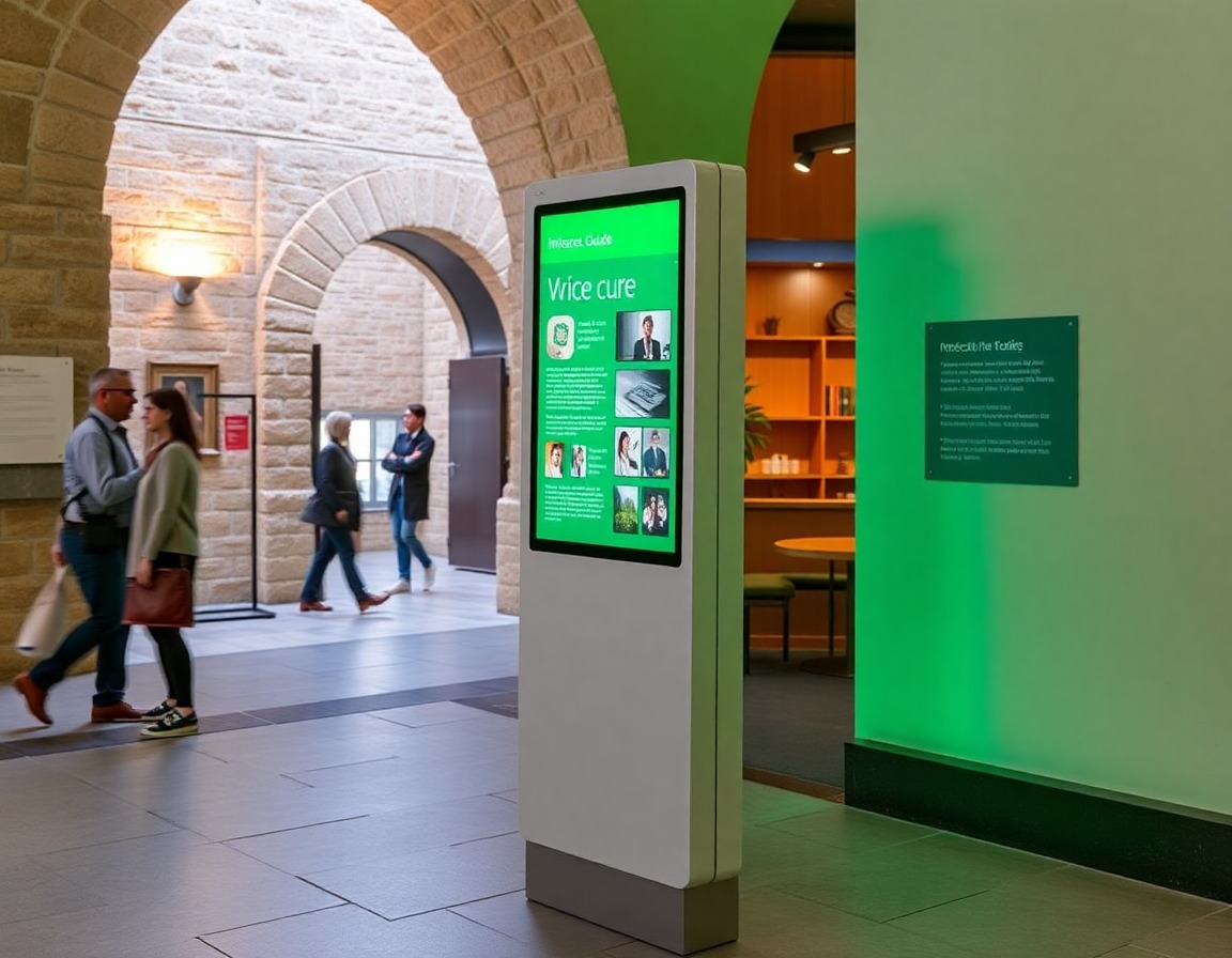 Generation prompt: Premium editorial image of a slim interactive kiosk for a heritage-site voice guide near a museum entrance or café, accessible height, green interface glow, warm stone and wood interior, practical visitor support mood, no readable text, no logos.