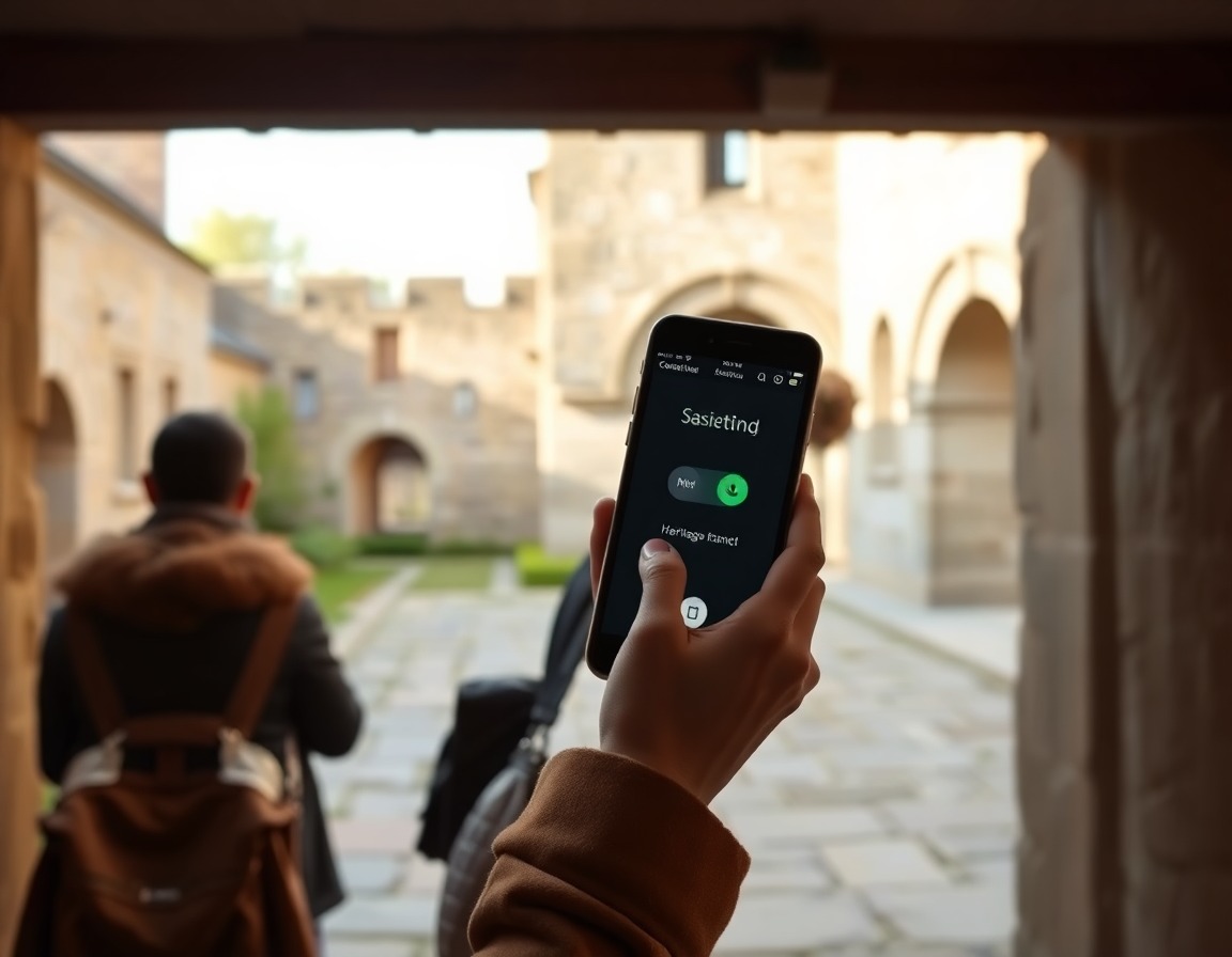 Generation prompt: Premium editorial image representing a normal phone-call interface for heritage-site guidance, visitor holding a phone to their ear near an old stone courtyard, calm assistance mood, warm natural light, subtle green accent, no readable text, no logos.