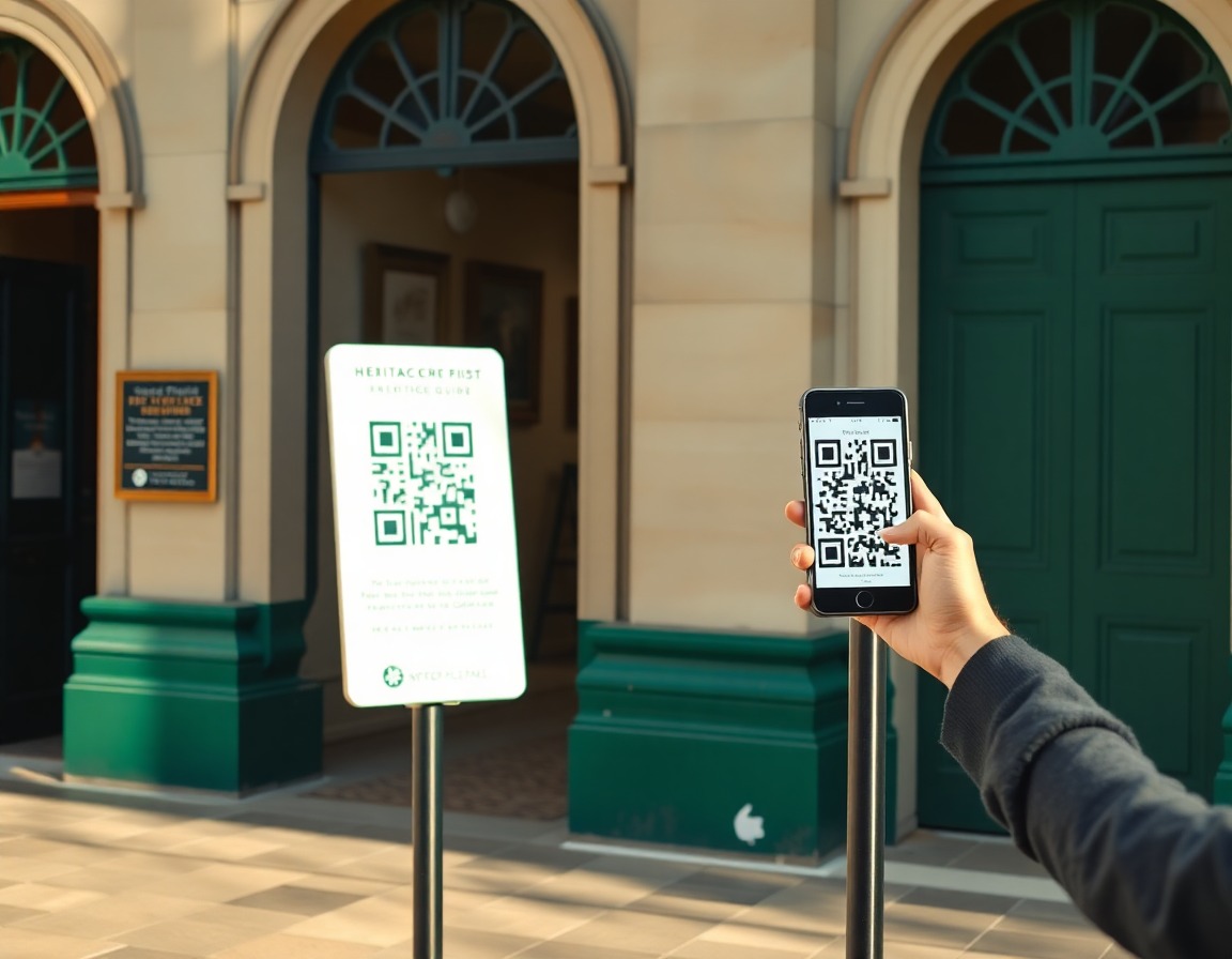 Generation prompt: Premium editorial image of a QR access point for a heritage-site visitor guide, discreet sign stand near an entrance with a phone scanning it, warm daylight, green and ivory accents, pilot-friendly web access mood, no readable text, no logos.