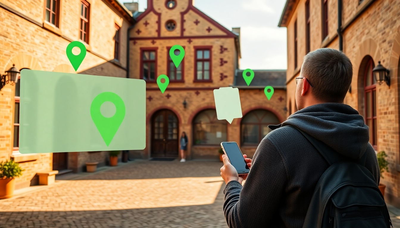 Generation prompt: Confident closing proof image for GreenMan, photorealistic heritage venue courtyard in warm daylight with a visitor holding a phone, subtle translucent blank interface panels and simple green map pin icons floating over the scene. No signs, no screens with writing, no paper documents, no typography, no letters, no numbers, no words, no captions, no logos, no labels.