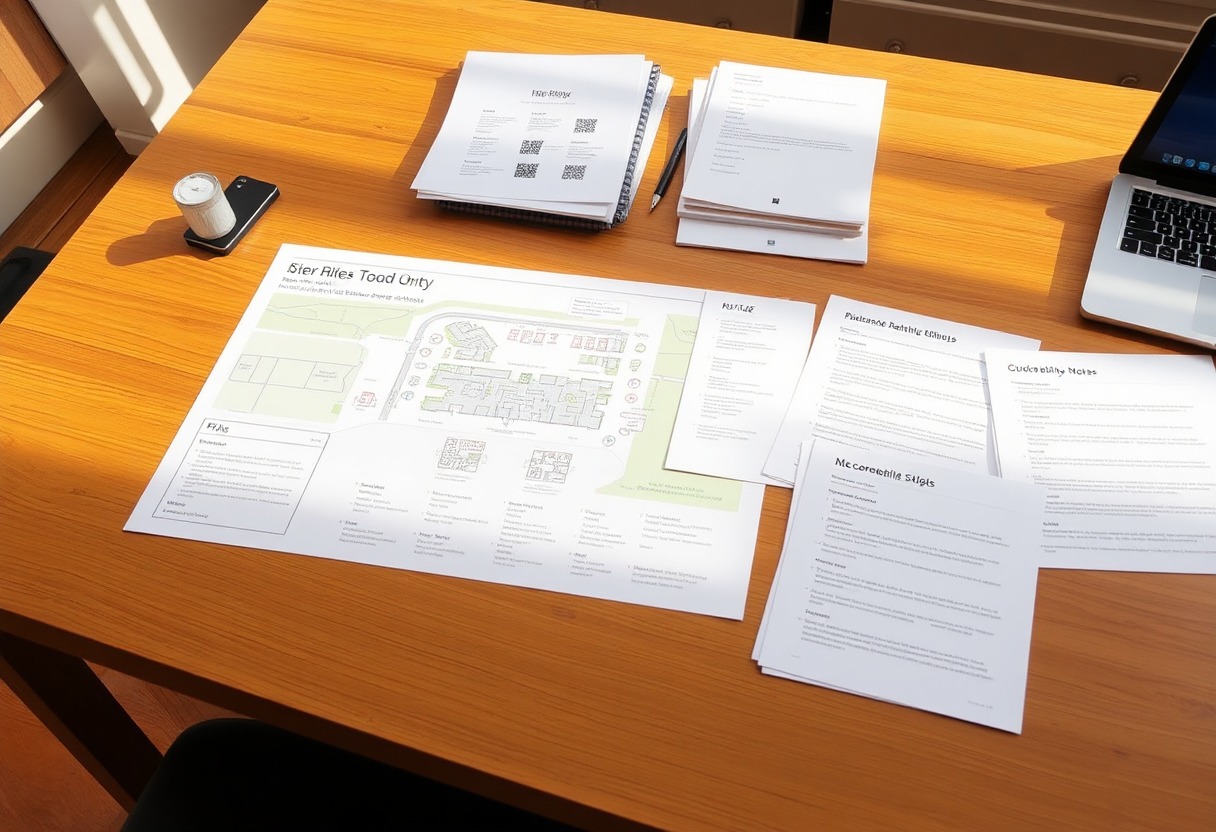 Planning table with route maps, QR materials, and exhibition notes for a heritage pilot.