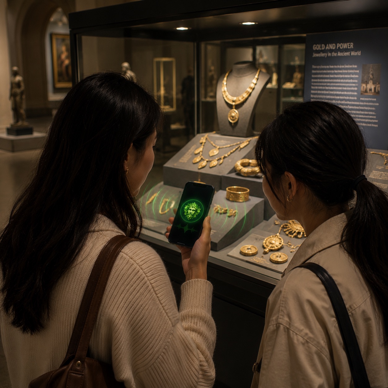 Generation prompt: Editorial image of a heritage-site visitor using a voice-first guide on a phone while exploring a historic courtyard, warm daylight, immersive visitor experience, subtle GreenMan interface glow, premium heritage technology mood, no readable text.