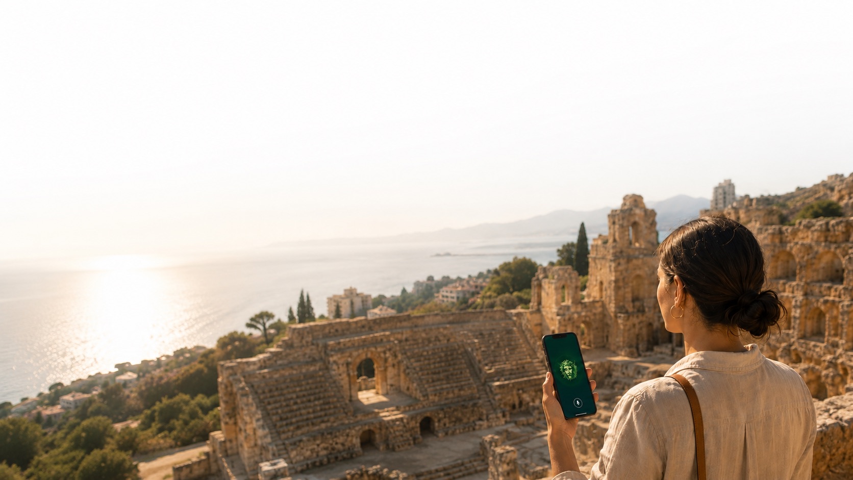 Visitor overlooking a large archaeological site while using GreenMan on a phone.